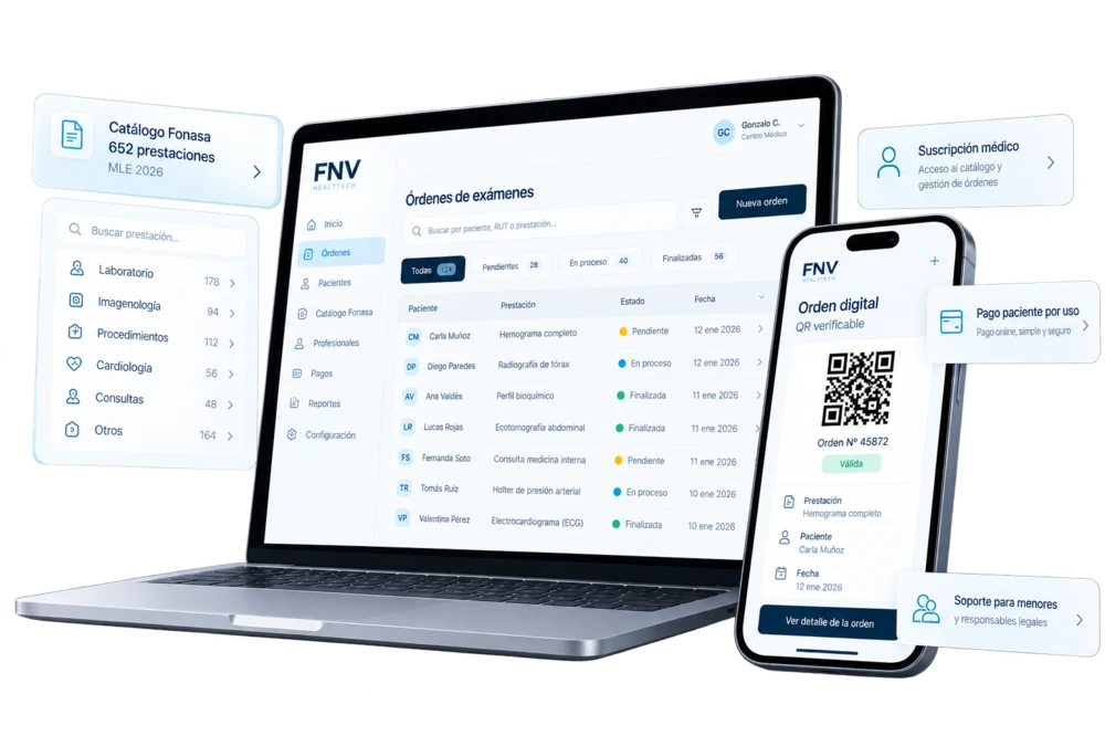 Vista del Portal de Exámenes Médicos con catálogo Fonasa, gestión de órdenes y verificación por QR en computador y teléfono